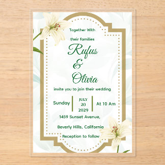 Elegant Floral Wedding Invitation with Gold Frame Acryl Uitnodigingen