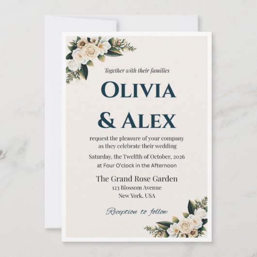 Elegant Floral Wedding Invitation with Greenery Kaart (Voorkant)
