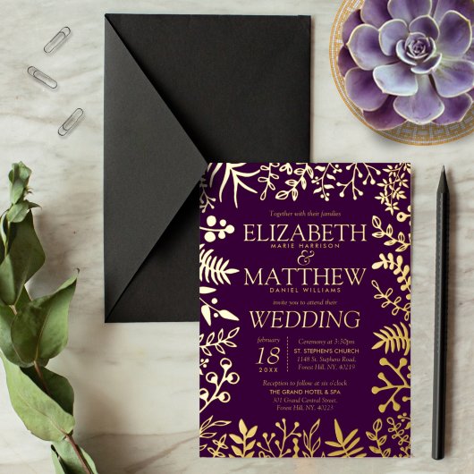 Elegant Floral Wedding Real Folie Uitnodiging