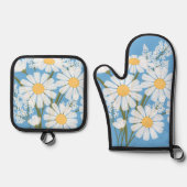 Elegant Floral White Daisies op blauw Ovenwant & Pannenlap Set (Voorkant)