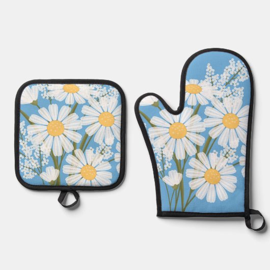 Elegant Floral White Daisies op blauw Ovenwant & Pannenlap Set (Voorkant)
