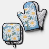 Elegant Floral White Daisies op blauw Ovenwant & Pannenlap Set (Voorkant / Achterkant)