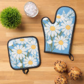 Elegant Floral White Daisies op blauw Ovenwant & Pannenlap Set (Top down)