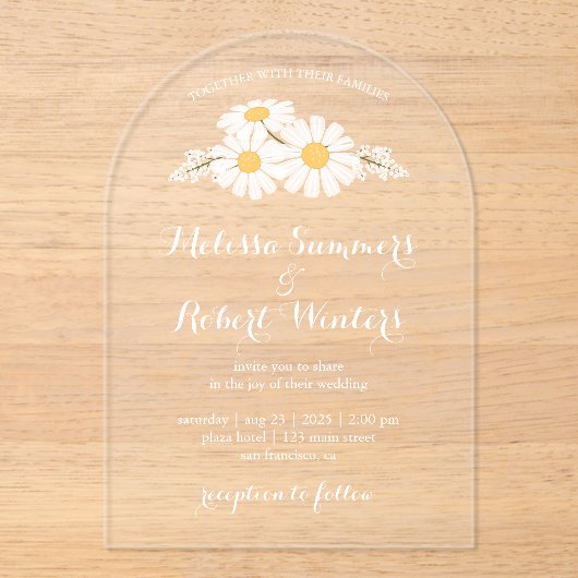 Elegant Floral White Daisies Wedding Acryl Uitnodigingen (Voorkant)