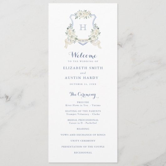 Elegant Floral White Greenery Crest Blue Wedding Programma (Voorkant)