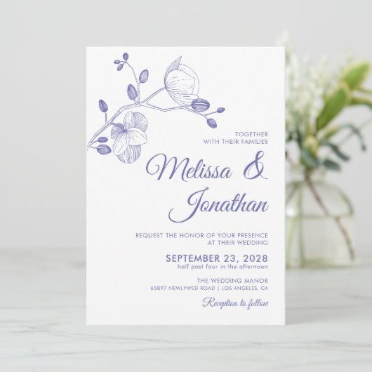 Elegant floral white periwinkle orchids bruiloft kaart (Staand voorkant)