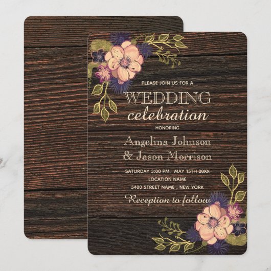 Elegant Floral Wood Wedding Kaart (Voorkant / Achterkant)