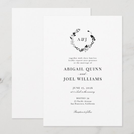 Elegant Floral Wreath Classic Wedding Invitation Kaart (Voorkant / Achterkant)