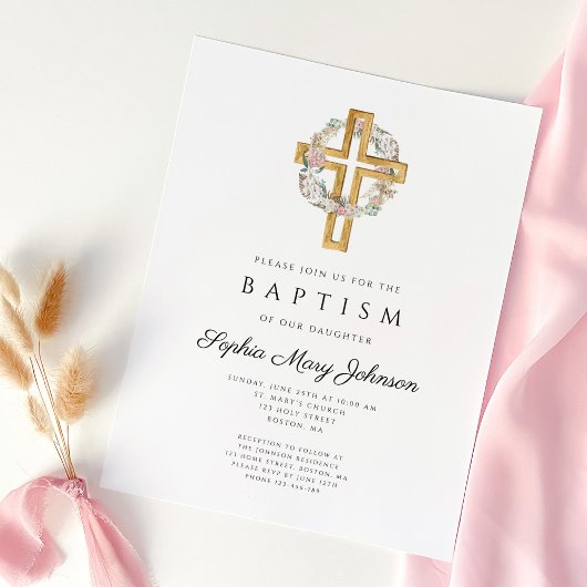 Elegant Floral Wreath Cross Baptism Uitnodiging