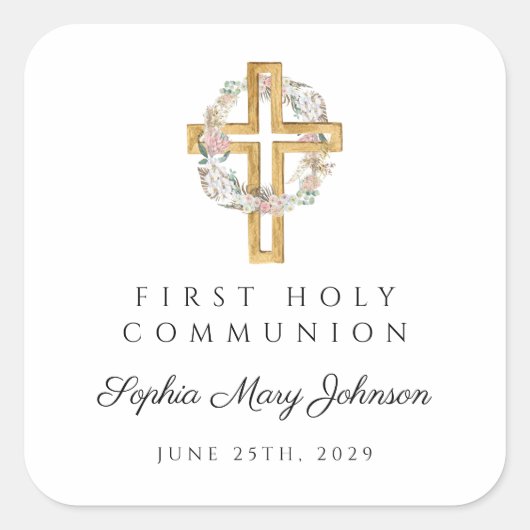 Elegant Floral Wreath Cross Girl Eerste Communie Vierkante Sticker (Voorkant)