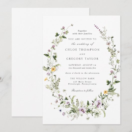 Elegant Floral Wreath Greenery Wedding Invitation Kaart (Voorkant / Achterkant)