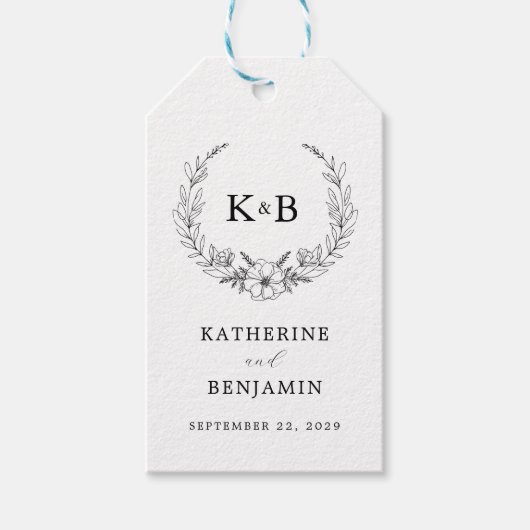 Elegant Floral Wreath Monogram Wedding Cadeaulabel (Voorkant)