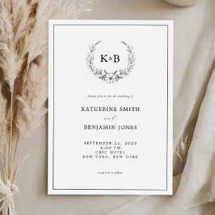 Elegant Floral Wreath Monogram Wedding Kaart