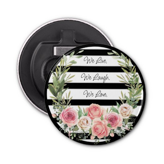 Elegant Floral Wreath on Black (en White) Button Flesopener (Voorkant)