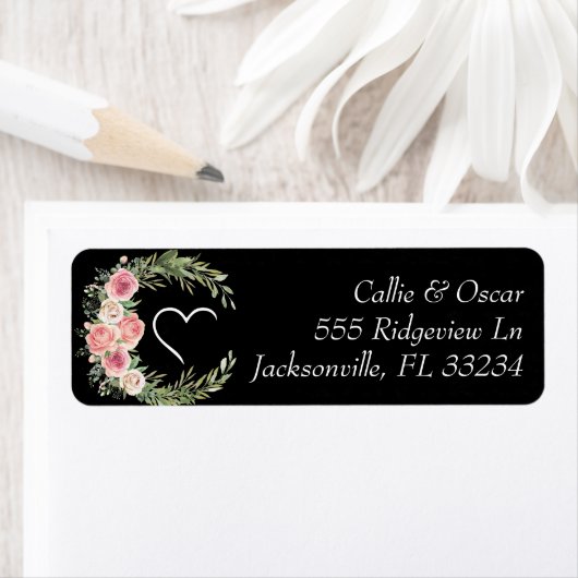 Elegant Floral Wreath on Black Wedding Label (Insitu)