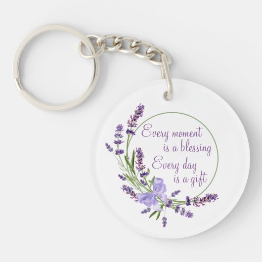 Elegant Floral Wreath Purple Flowers & Blessing Sleutelhanger (Voorkant)