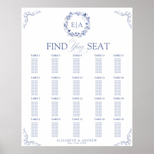 Elegant Floral Wreath Wedding Seating Chart Poster (Voorkant)
