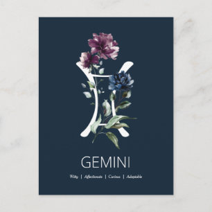 Elegant Floral Zodiac Star Sign Gemini Briefkaart