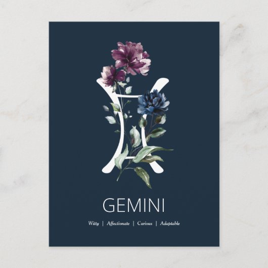 Elegant Floral Zodiac Star Sign Gemini Briefkaart (Voorkant)