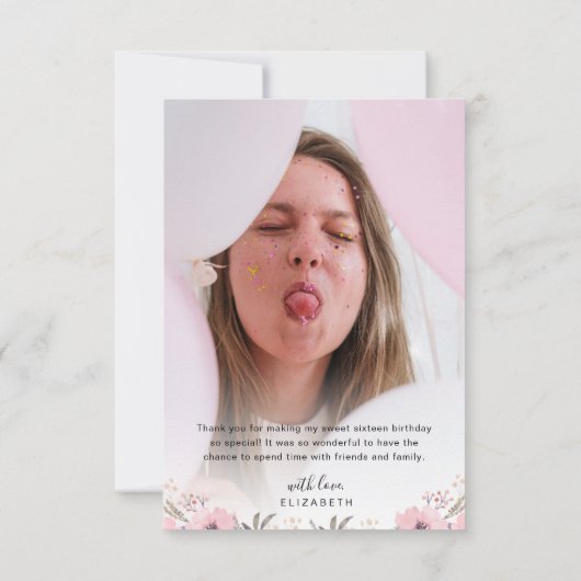 Élégant Flore Coeur Script 2 Photo Carte de remerc (Dos)