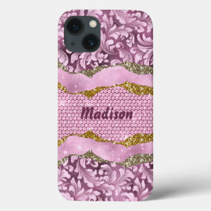 Elegant floreus Paars roze goudmonogram iPhone 13 Hoesje