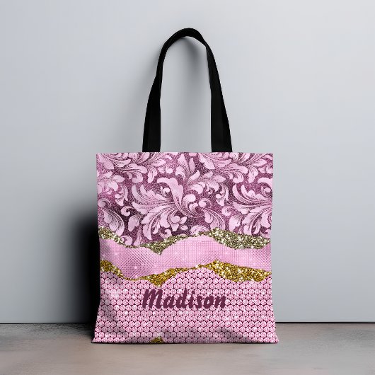 Elegant floreus Paars roze goudmonogram Draagtas
