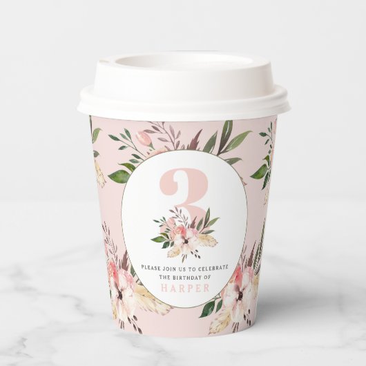 Elegant florroze verjaardag papieren bekers (Achterkant)