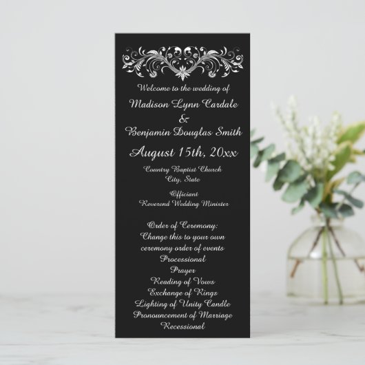 Elegant Flourish Black and White Wedding Programs Programma (Staand voorkant)