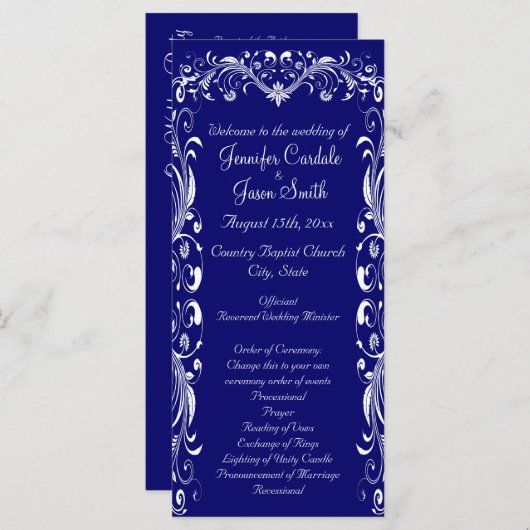 Élégant Flourish Blue Wedding Programmes Modèles (Devant / Derrière)
