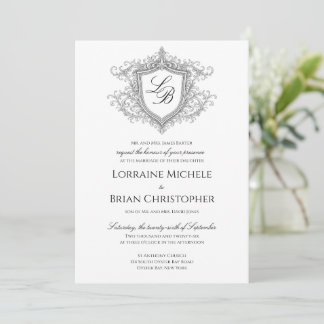 Elegant Flourish Crest Monogram Wedding Invitation Kaart
