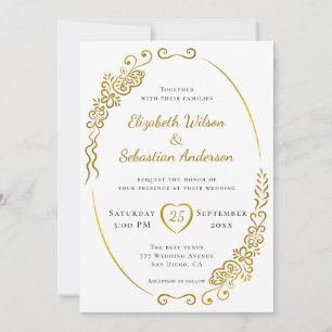 Elegant Flourish Gold White en Black Wedding Kaart