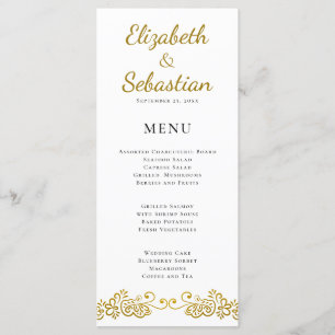 Elegant Flourish Gold & White Wedding Dinner Menu