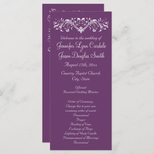 Élégant Flourish Regal Purple Mariage Programmes (Devant / Derrière)