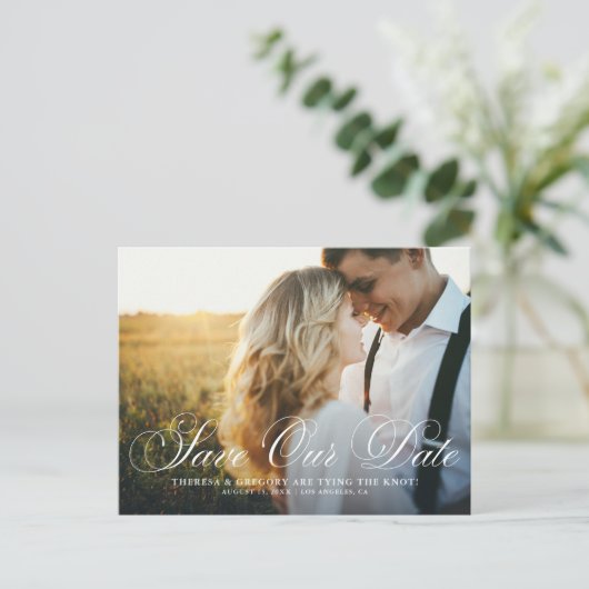 Elegant Flourish Script Photo Save our Date Briefkaart (Staand voorkant)