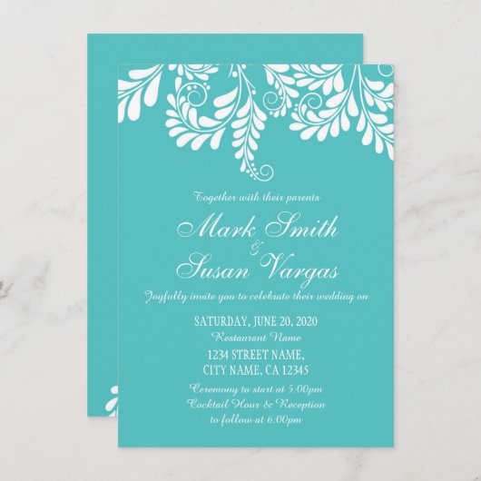 Elegant Flourish Turquoise Wedding Invitation Kaart (Voorkant / Achterkant)
