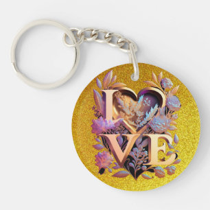 Elegant Flower, Heart and Golden Love Sleutelhanger