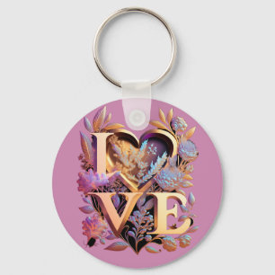 Elegant Flower, Heart and Golden Love Sleutelhanger