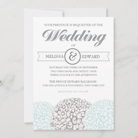 Elegant Flowers Aqua Wedding Invitation Kaart (Voorkant)