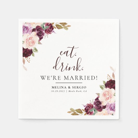 Elegant Flowers Eat Drink We zijn getrouwd bruilof Servet (Voorkant)