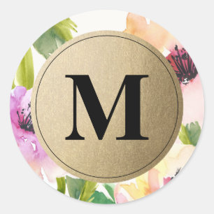 Elegant Flowers Gold Monogram Voorkeurslabels Ronde Sticker