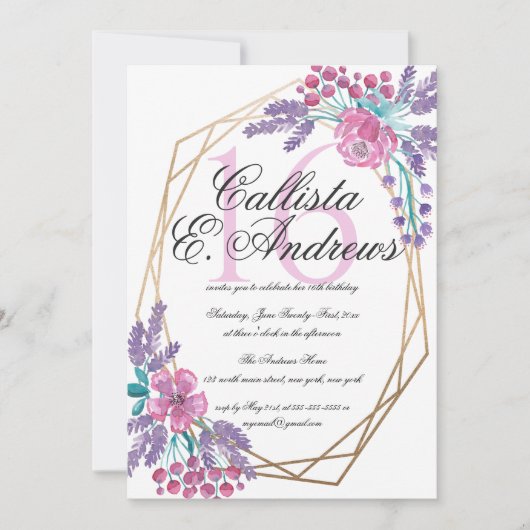 Elegant Flowers Gold Terrarium Waterverf Sweet 16 Kaart (Voorkant)