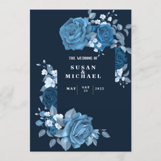 Elegant flowery Blue Wedding Invitation Kaart