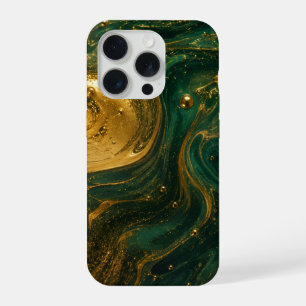 Élégant Fluid Art iPhone 15 Pro Max Or & Émeraude