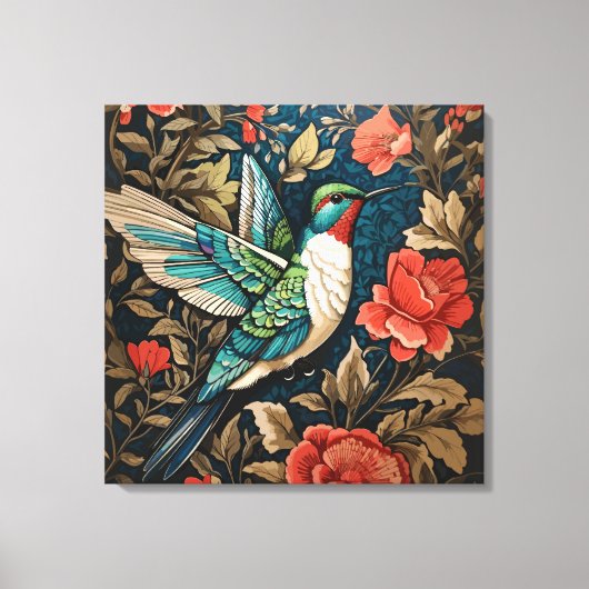Elegant Flying Hummingbird William Morris geïnspir Canvas Afdruk (Voorkant)