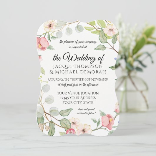 Elegant Foliage Berry roze Waterverf Wilde bloemen Kaart (Staand voorkant)