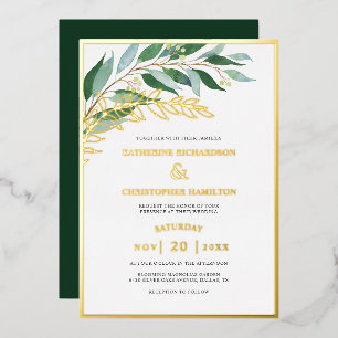 Elegant Foliage Forest Groen Goud Blad Bruiloft Folie Uitnodiging