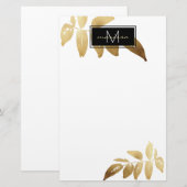 Elegant Foliage Gold White Monogram Briefpapier (Voorkant / Achterkant)