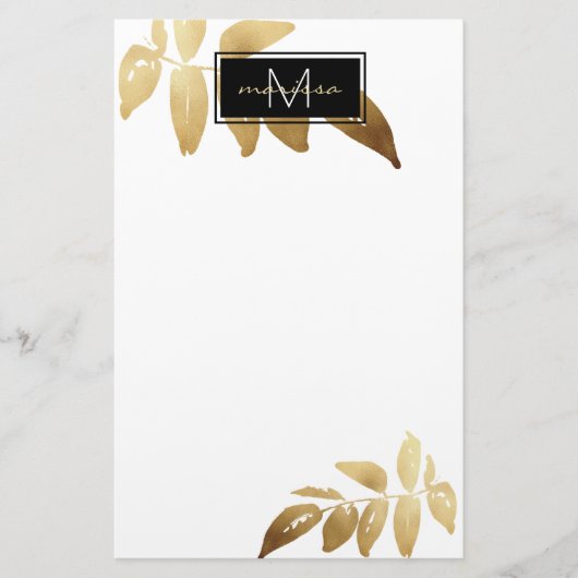 Elegant Foliage Gold White Monogram Briefpapier (Voorkant)