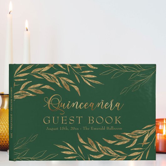 Elegant Foliage Green en Gold Quinceanera Gastenboek