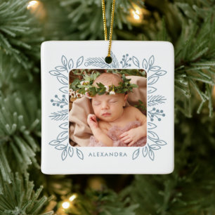Elegant Foliage Lijst Eerste Kerstblauw Foto Keramisch Ornament